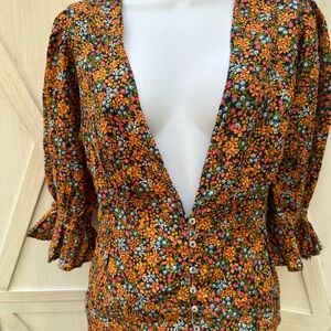 Free People Orange and Brown Ruffled 3/4 Sleeve Blouse